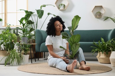 Relaxing atmosphere. Woman with ficus near another potted houseplants in room