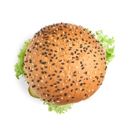 Photo of Delicious burger isolated on white, top view