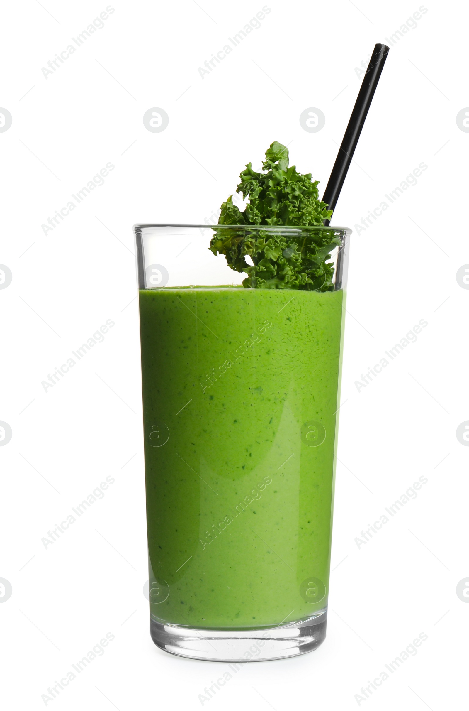 Photo of Tasty fresh kale smoothie on white background