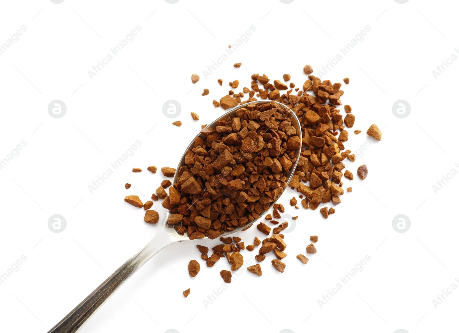 Photo of Spoon with aromatic instant coffee isolated on white