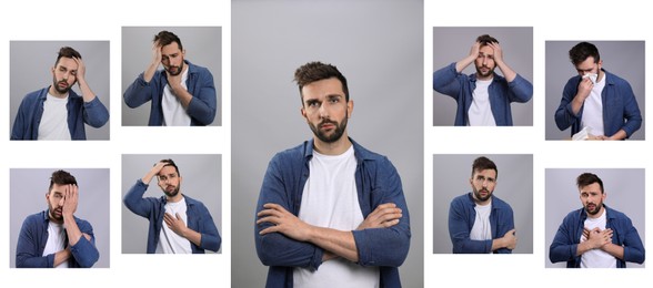 Collage with photos of man with cold symptoms on white background. Banner design