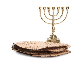 Photo of Tasty matzos and menorah on white background. Passover (Pesach) celebration