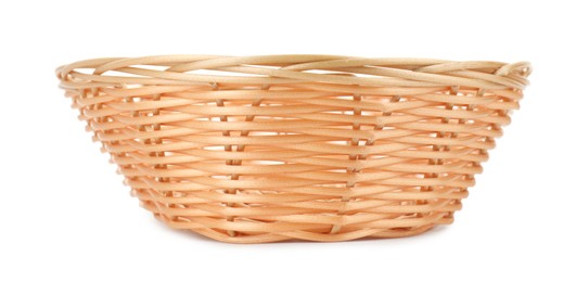 Photo of One empty wicker bread basket isolated on white