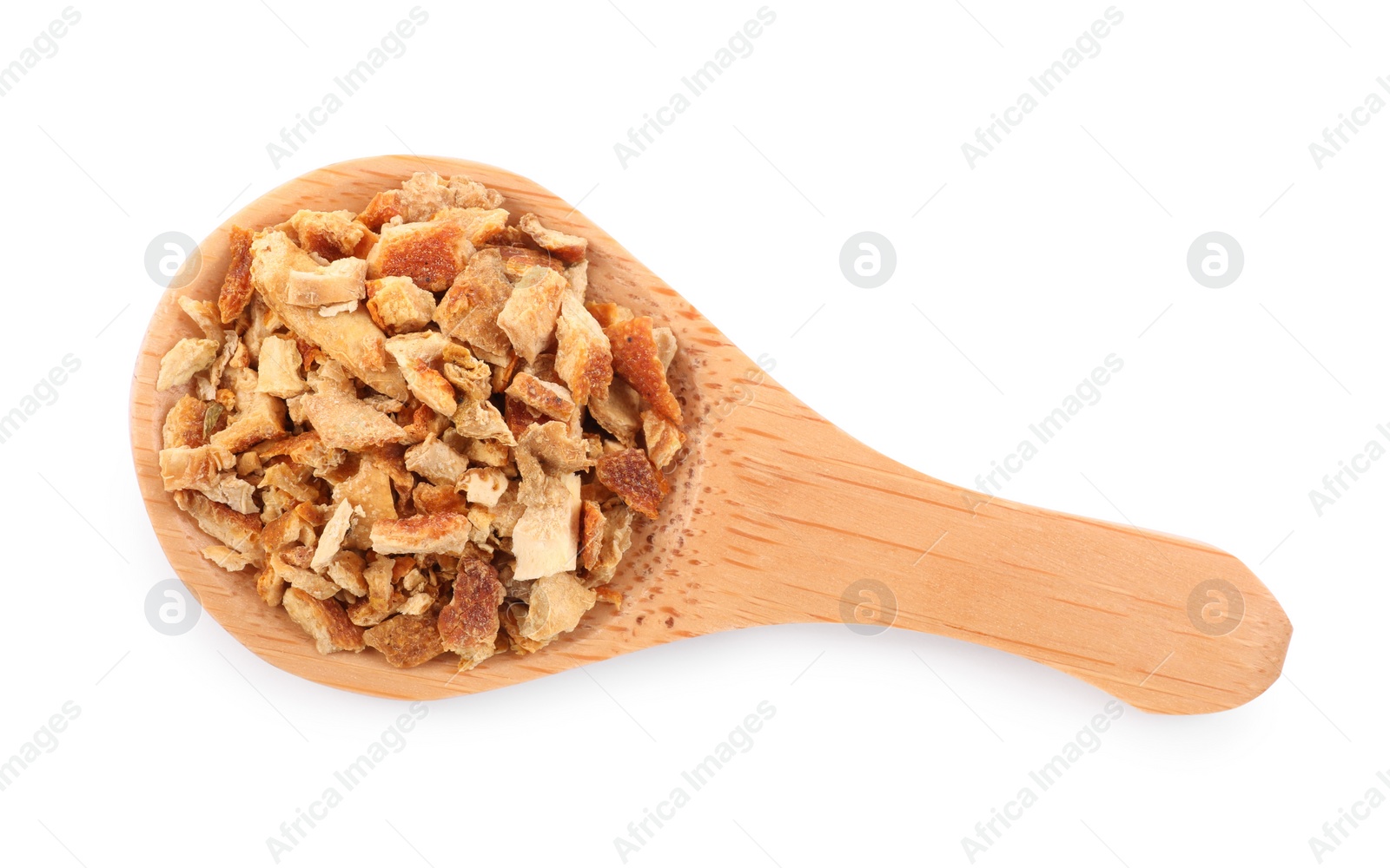 Photo of Spoon with dried orange zest seasoning isolated on white, top view