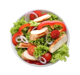 Photo of Delicious salad with chicken and vegetables in bowl isolated on white, top view