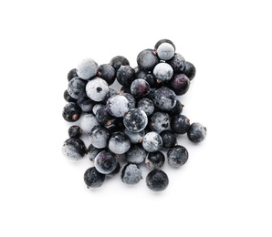 Heap of tasty frozen black currants on white background, top view