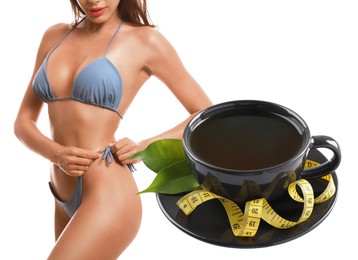 Image of Slim woman in swimsuit and cup of weight loss herbal tea on white background