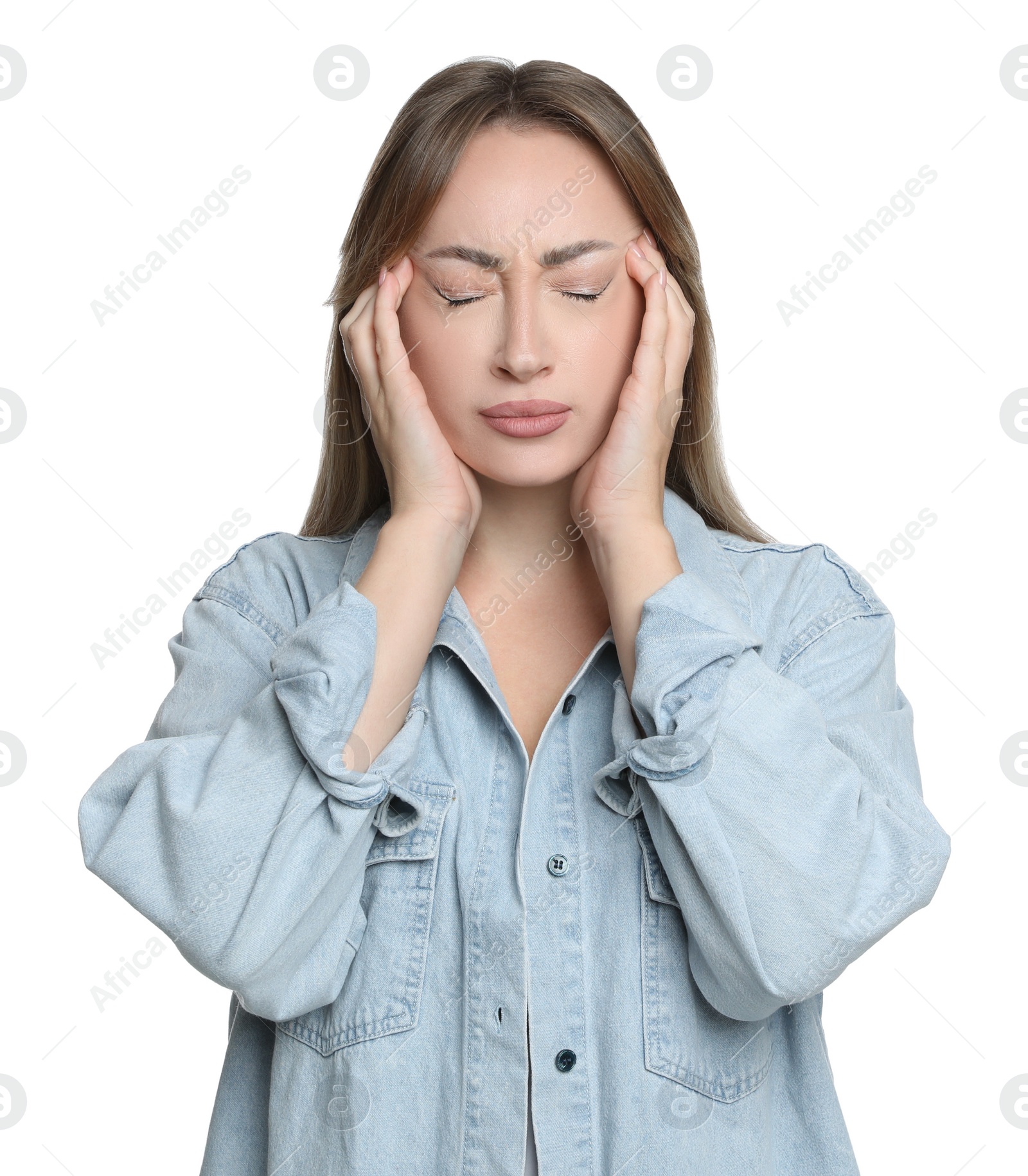 Photo of Young woman suffering from headache on white background