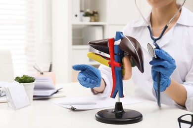 Photo of Doctor with stethoscope and liver model at workplace, closeup. Space for text