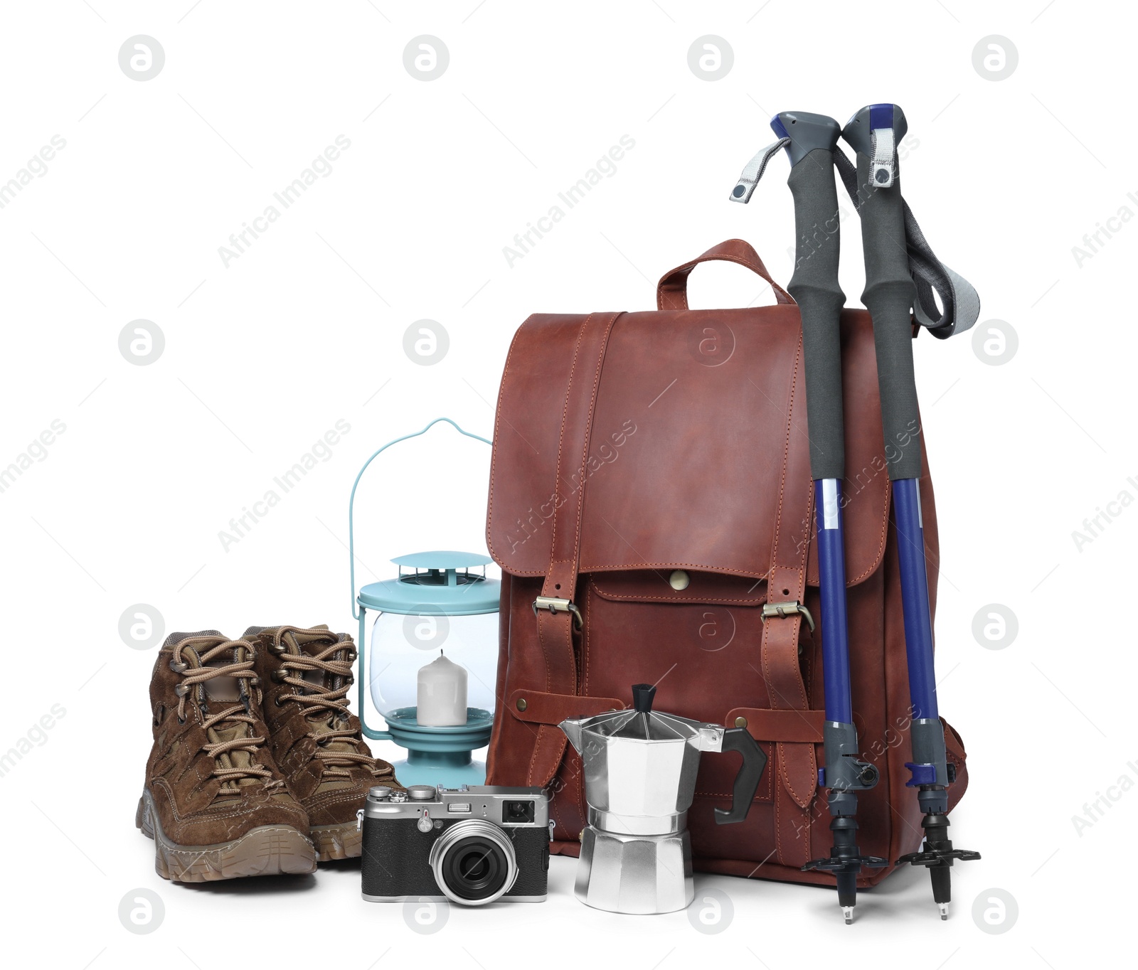 Photo of Set of camping equipment for tourist on white background