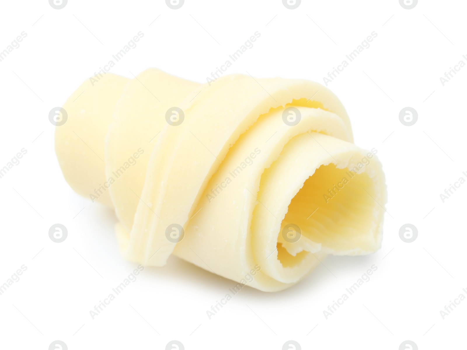 Photo of Yummy chocolate curl for decor on white background