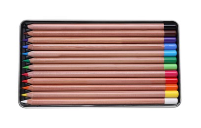 Photo of Colorful pastel pencils in box isolated on white, top view. Drawing supplies