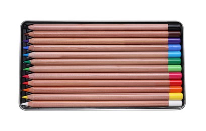 Colorful pastel pencils in box isolated on white, top view. Drawing supplies