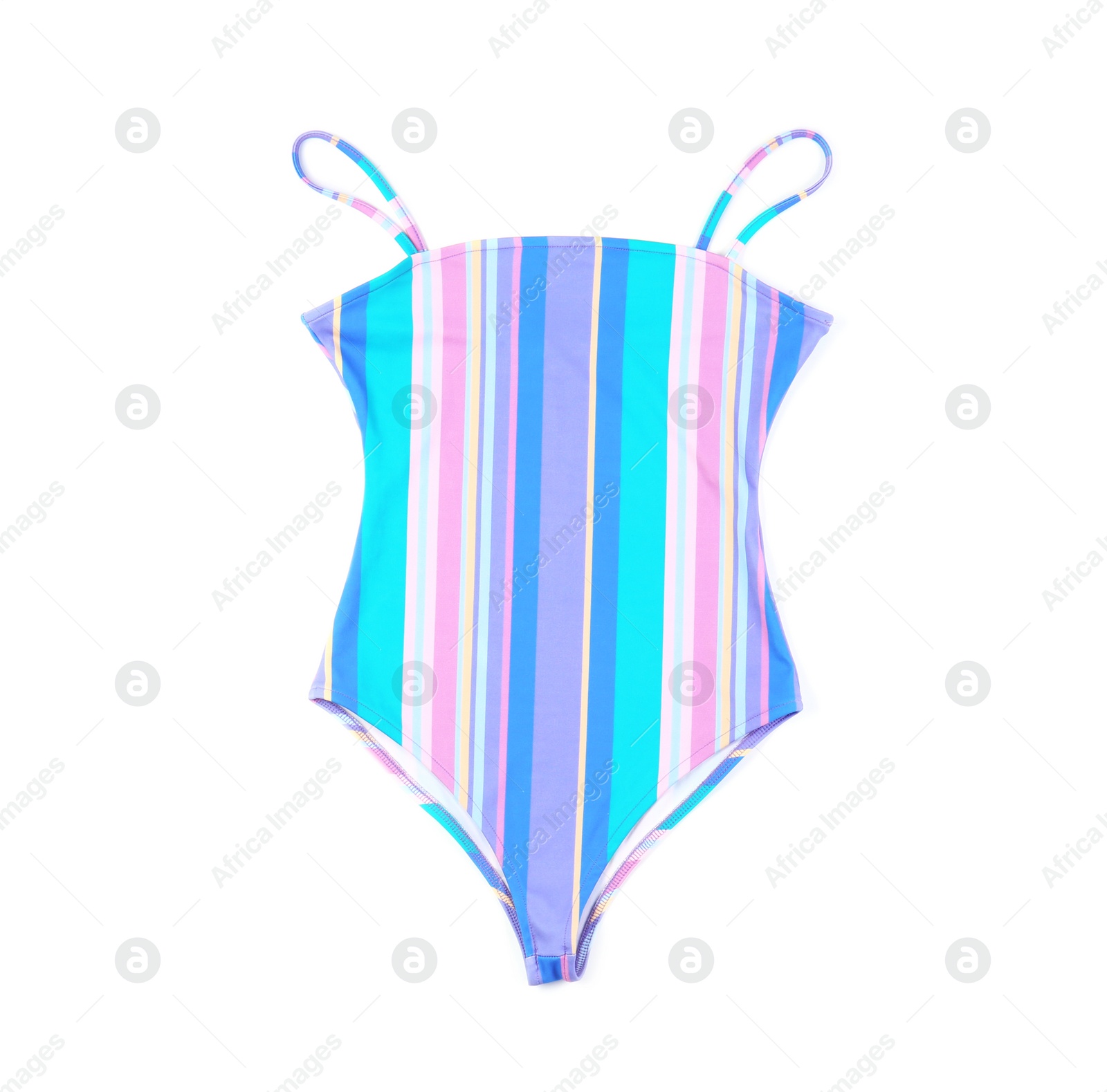 Photo of Beautiful striped swimsuit on white background