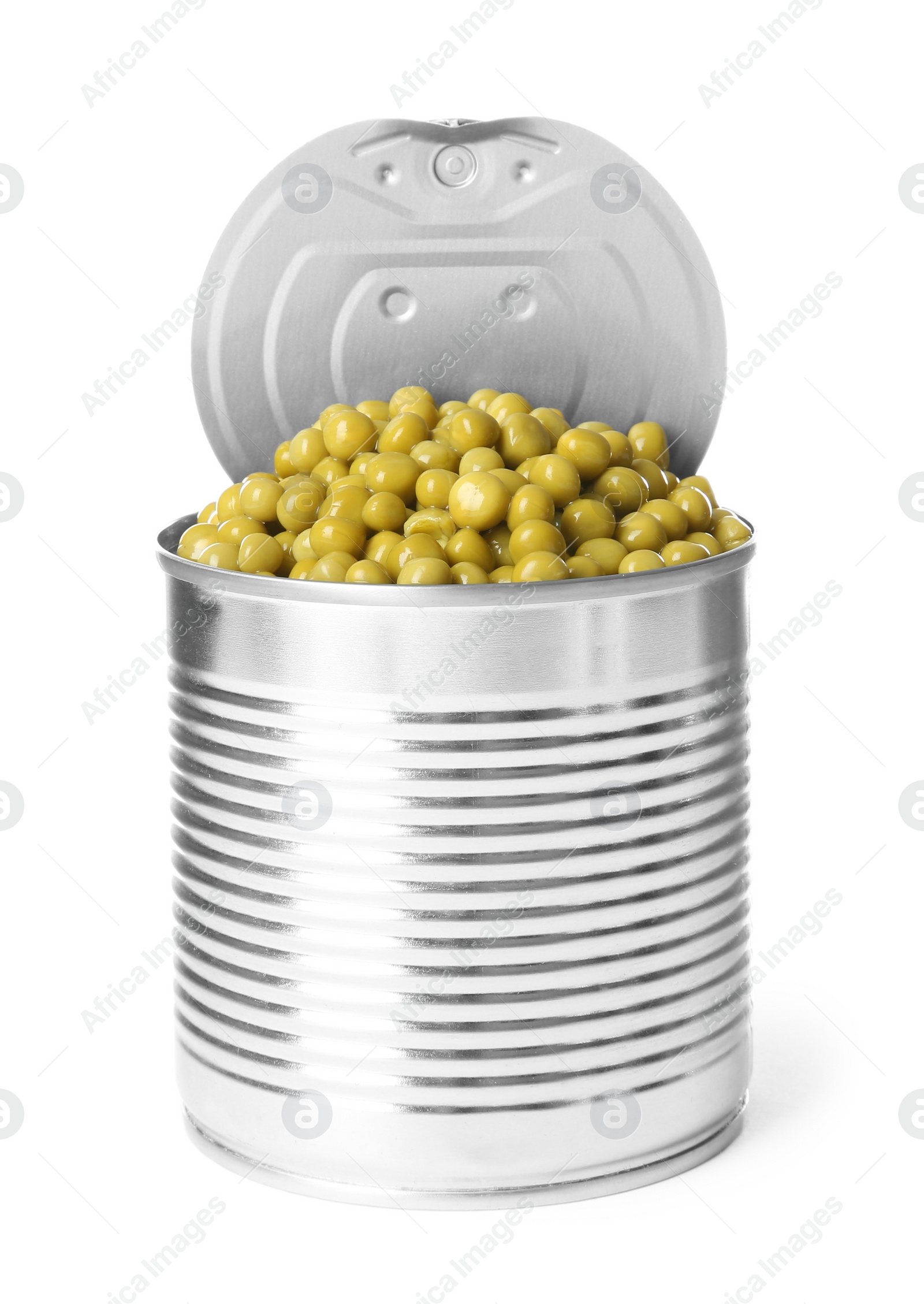 Photo of Open tin can of peas isolated on white