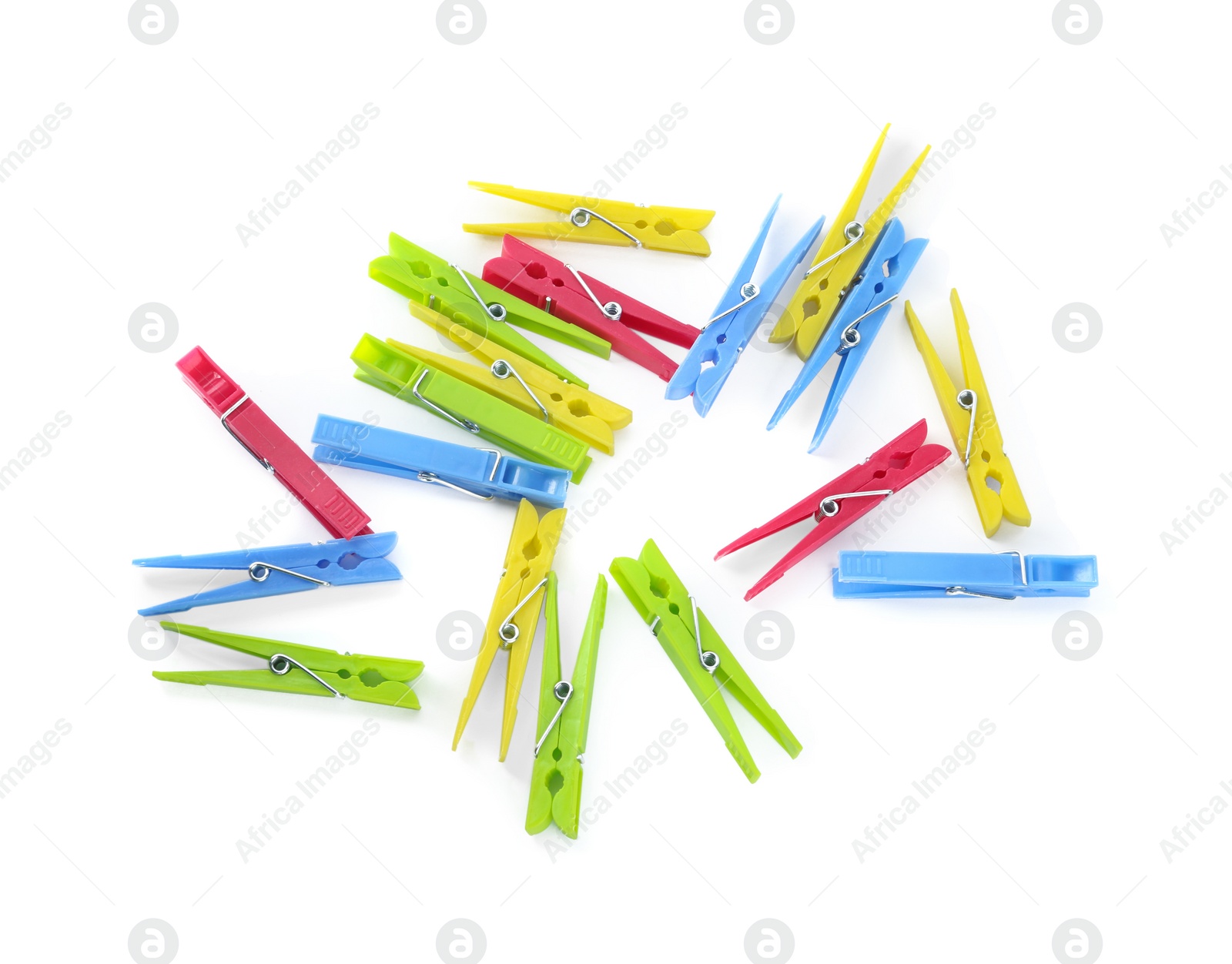 Photo of Colorful plastic clothespins on white background, above view