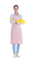 Photo of Young chambermaid with rag on white background