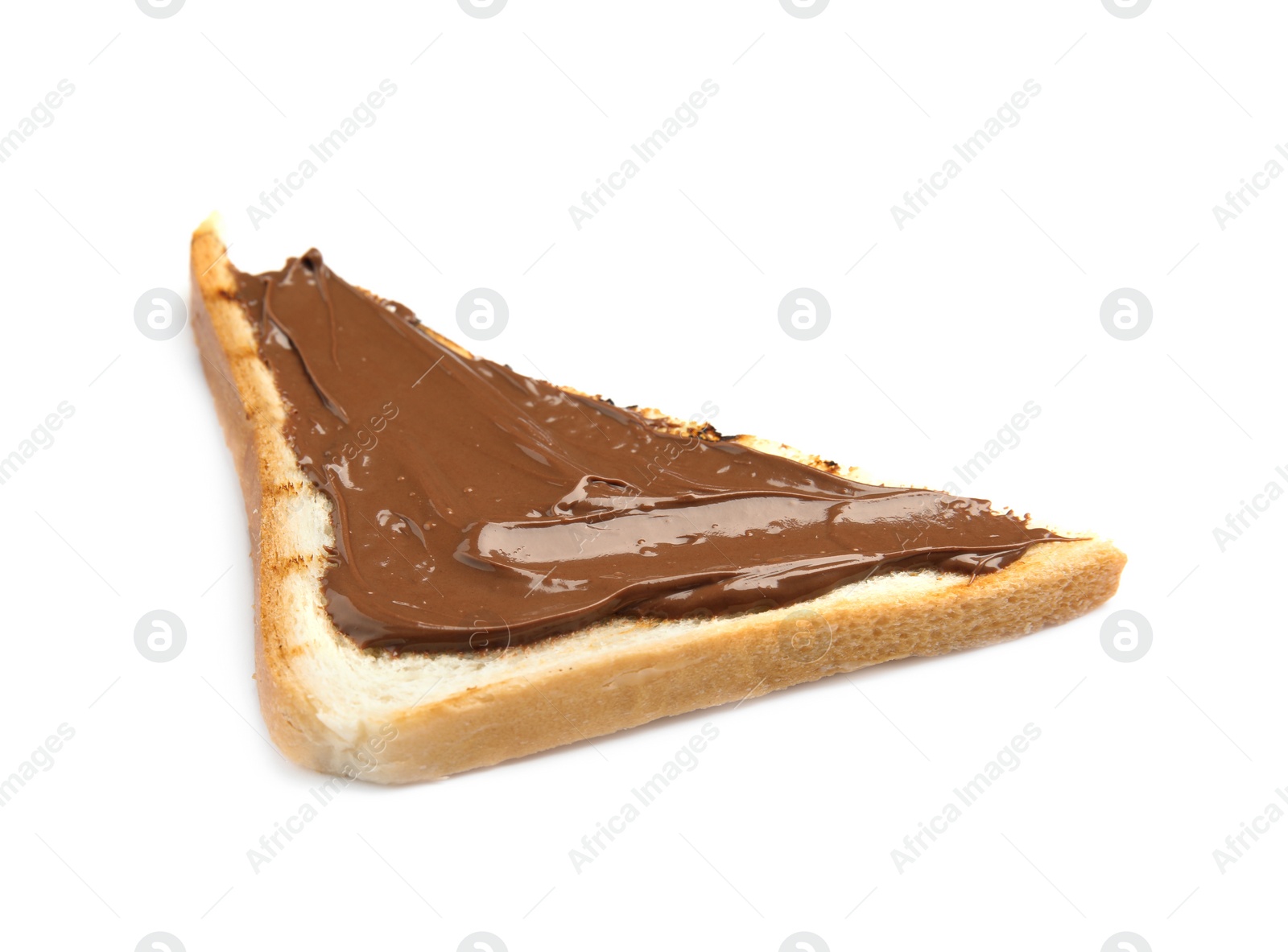 Photo of Slice of bread with chocolate paste on white background
