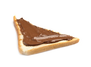 Slice of bread with chocolate paste on white background