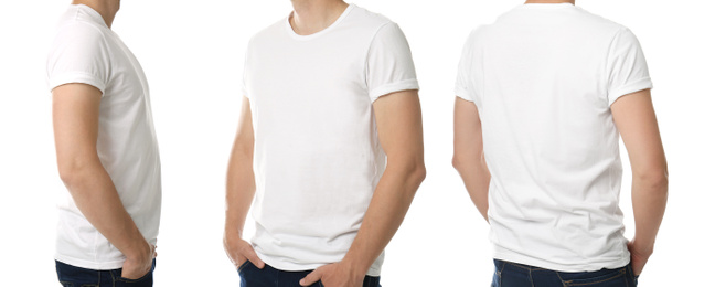 Image of Collage with photos of man in t-shirt on white background, closeup. Banner design 