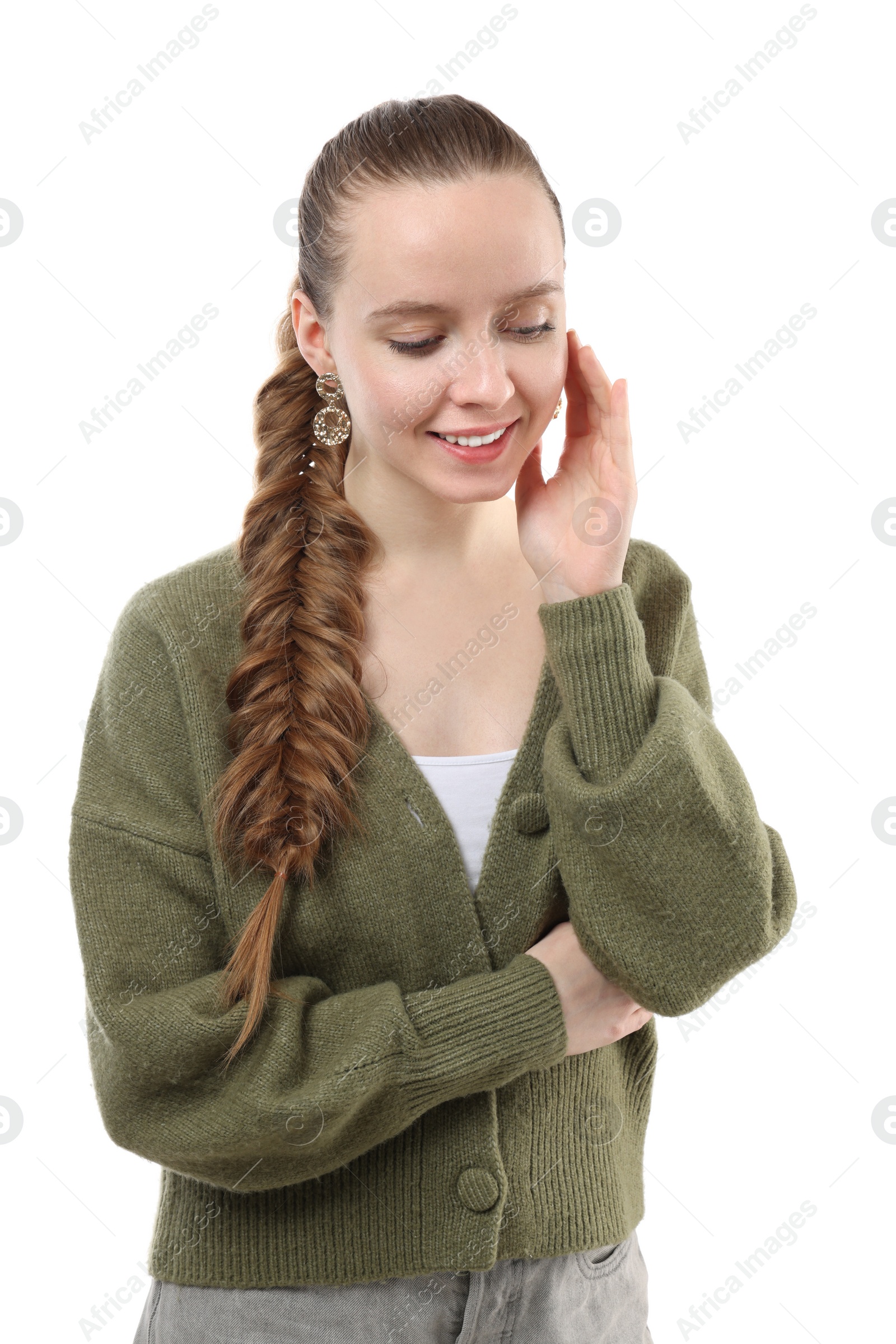 Photo of Woman with braided hair on white background