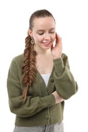 Woman with braided hair on white background