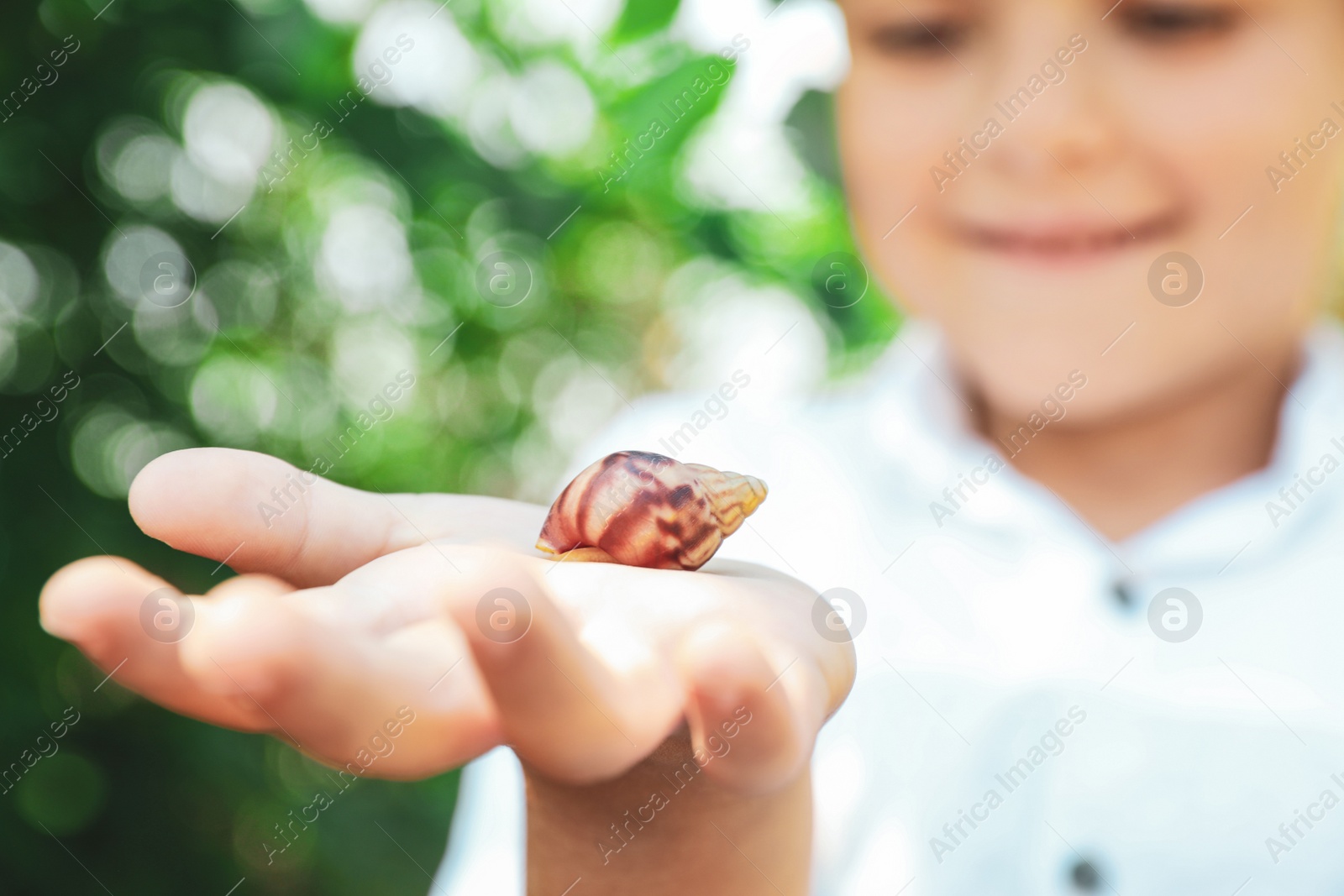 Photo of Boy playing with cute snail outdoors, focus on hand. Child spending time in nature