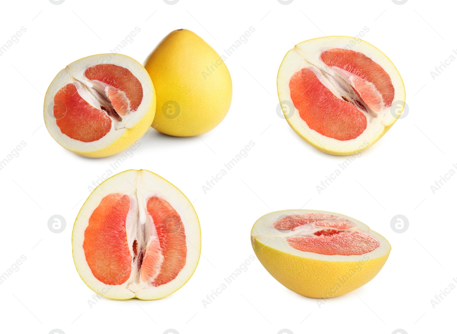 Image of Collage with fresh pomelo fruits on white background