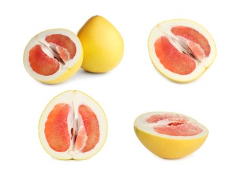 Collage with fresh pomelo fruits on white background