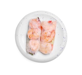 Photo of Delicious spring rolls with shrimps wrapped in rice paper on white background, top view