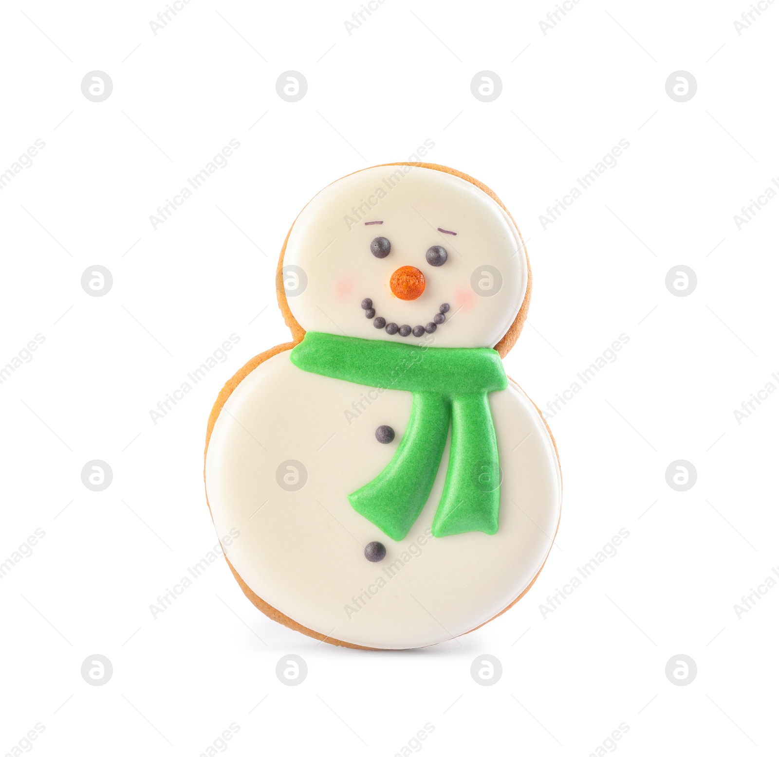 Photo of Snowman shaped Christmas cookie isolated on white