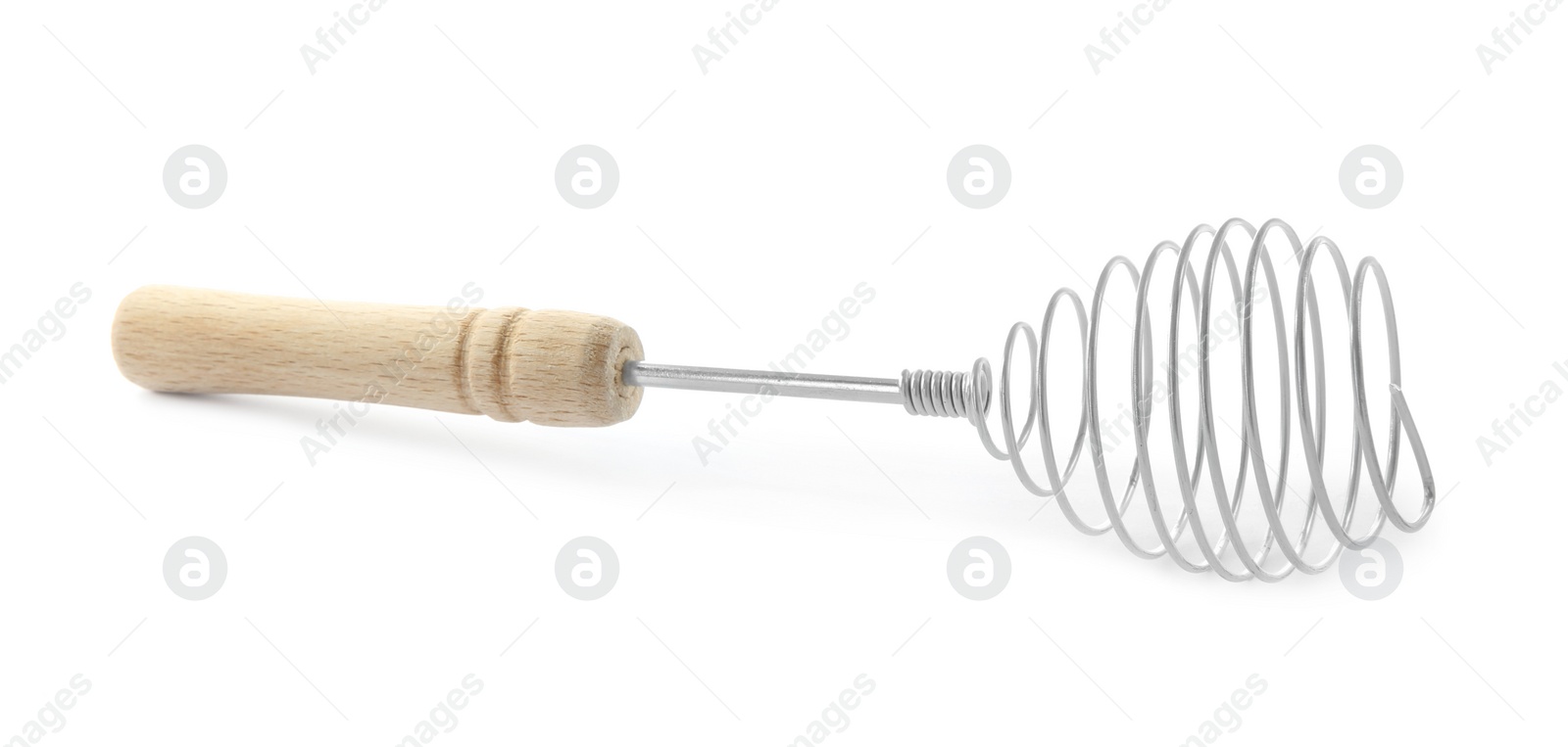 Photo of Metal whisk with wooden handle isolated on white