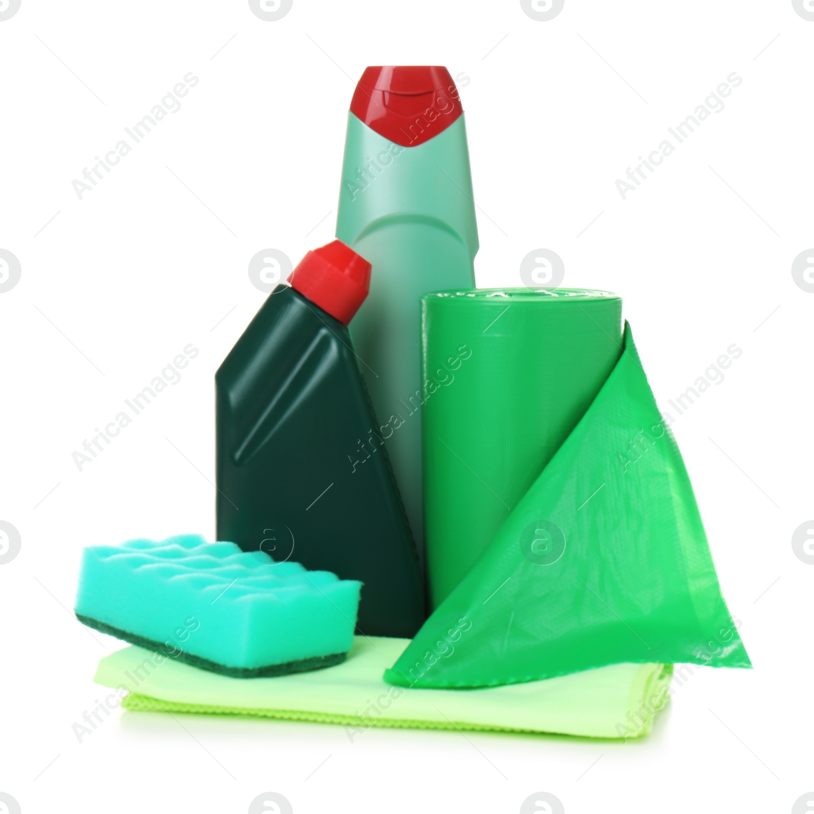 Photo of Different cleaning supplies on white background