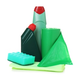 Photo of Different cleaning supplies on white background