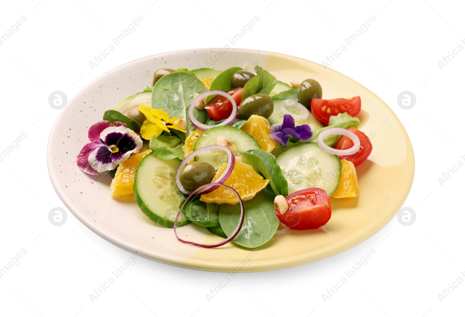 Photo of Delicious salad with orange, spinach, olives and vegetables isolated on white