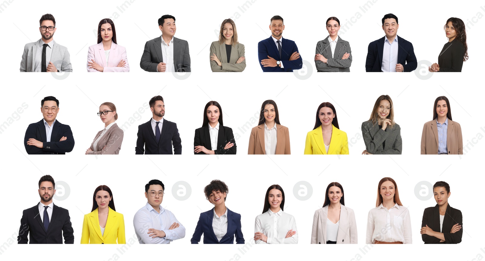 Image of Collage with photos of different businesspeople on white background