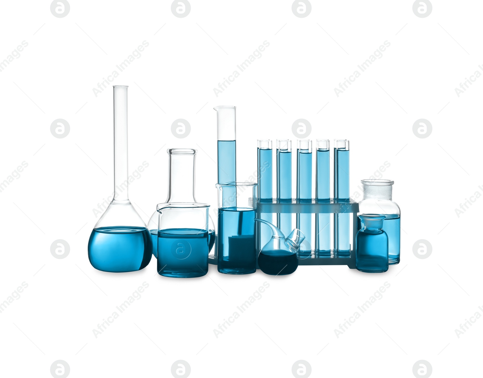 Image of Laboratory glassware with blue liquid isolated on white