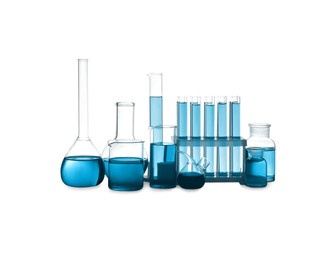 Image of Laboratory glassware with blue liquid isolated on white