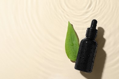 Bottle of cosmetic oil and green leaf in water on beige background, flat lay. Space for text