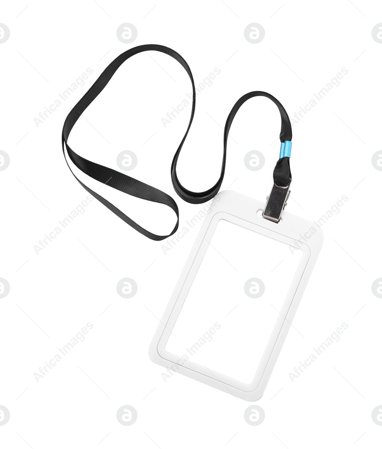 Photo of Blank badge with black string isolated on white, top view