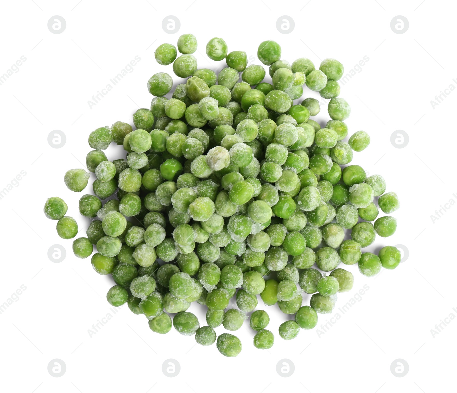 Photo of Pile of frozen peas isolated on white, top view. Vegetable preservation