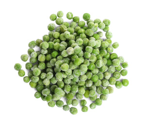 Photo of Pile of frozen peas isolated on white, top view. Vegetable preservation