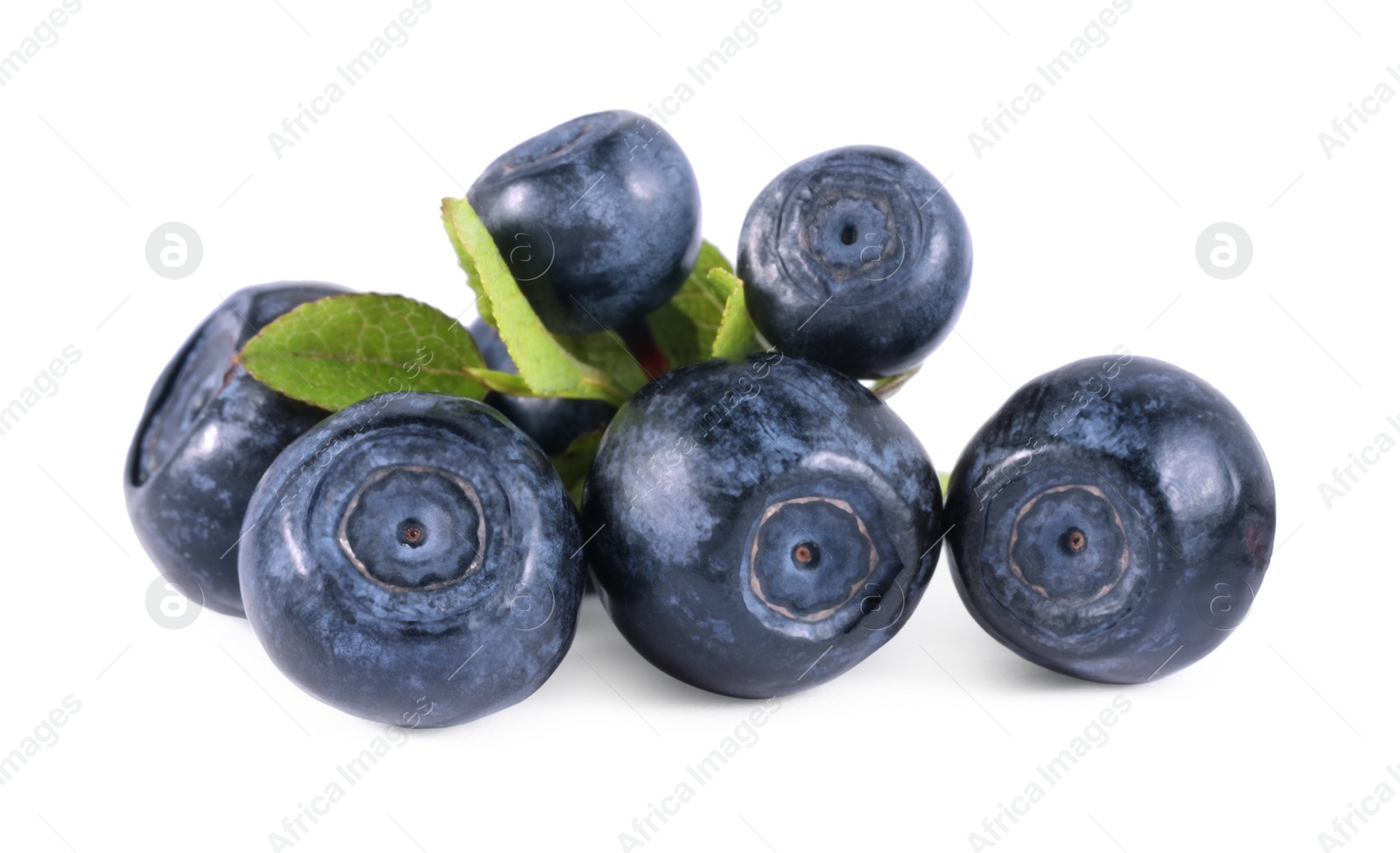 Photo of Delicious ripe bilberries and green leaves isolated on white