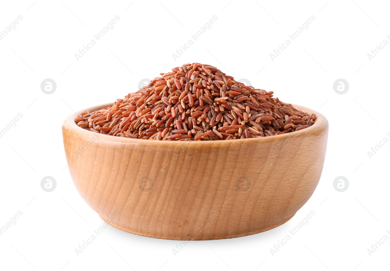 Photo of Brown rice in wooden bowl isolated on white