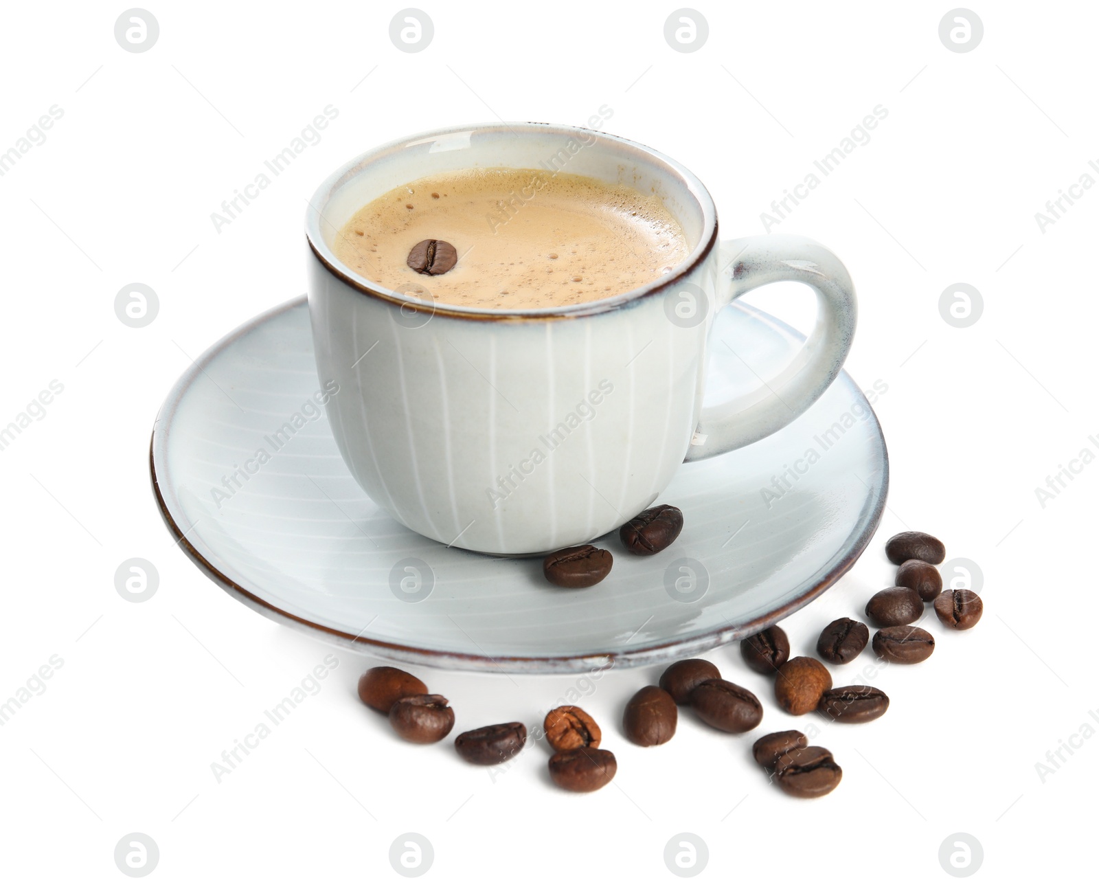 Photo of Cup of tasty coffee and beans isolated on white