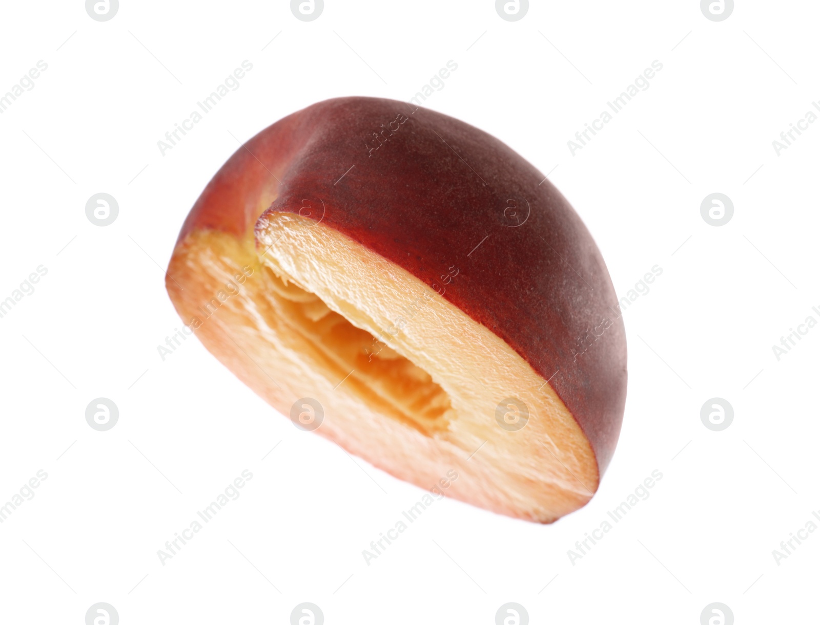 Photo of Half of sweet juicy peach on white background