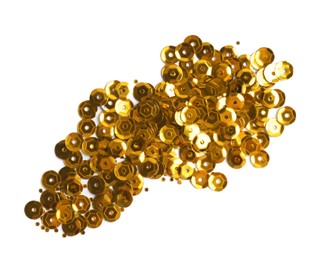 Photo of Pile of golden sequins isolated on white, top view