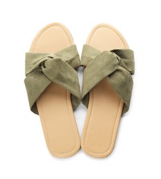 Photo of Pair of stylish slippers on white background, top view/. Beach object