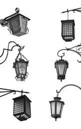 Image of Beautiful street lamps in retro style on white background, collage