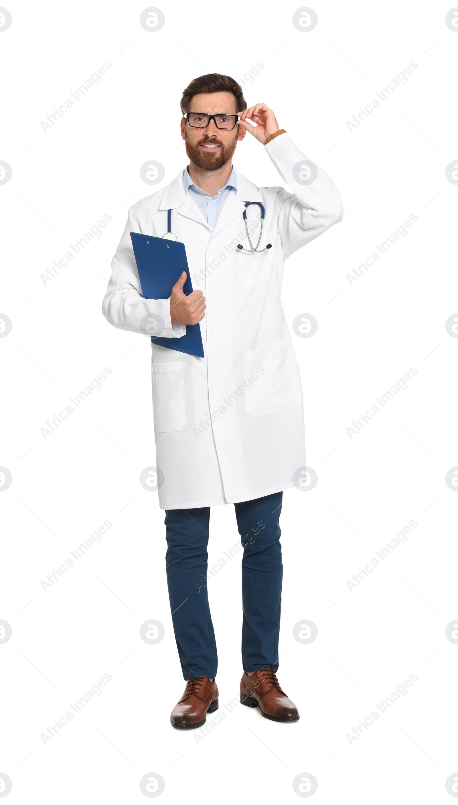 Photo of Full length portrait of doctor with clipboard on white background